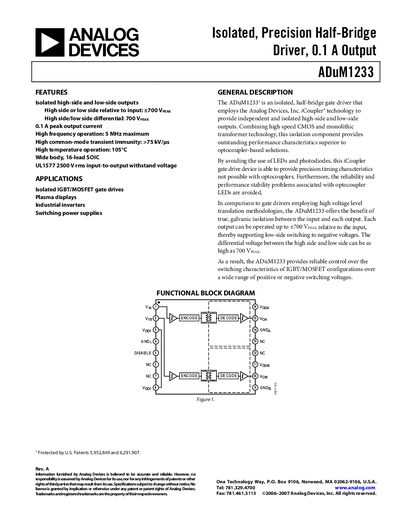 Analog Devices ADuM1233 Isolated Precision Half-Bridge Driver Handbook - cover page