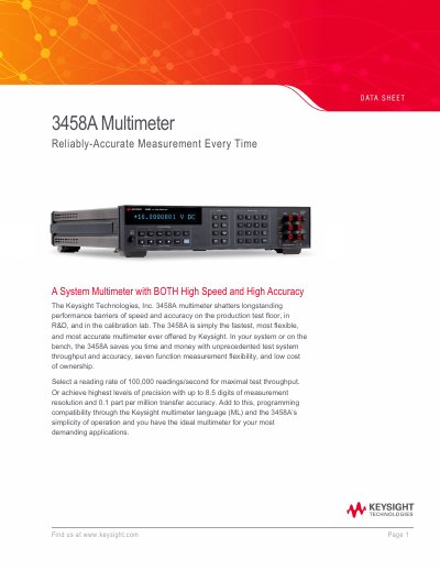 Keysight 3458A Multimeter Product Brochure - cover page