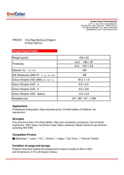 Hsuan Cheng Technology FRE310 Fine Rag Etching Product Specification Sheet