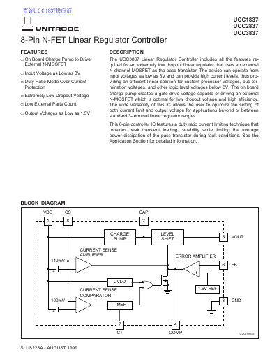 Unitrode UCC1837/UCC2837/UCC3837 Linear Regulator Controller Datasheet - cover page