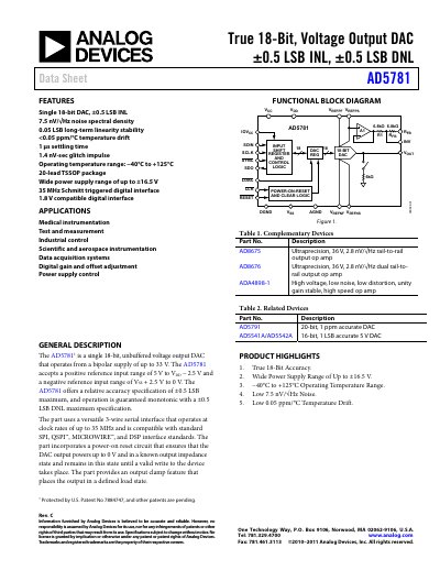 Analog Devices AD5781 18‑Bit Voltage Output DAC Datasheet - cover page