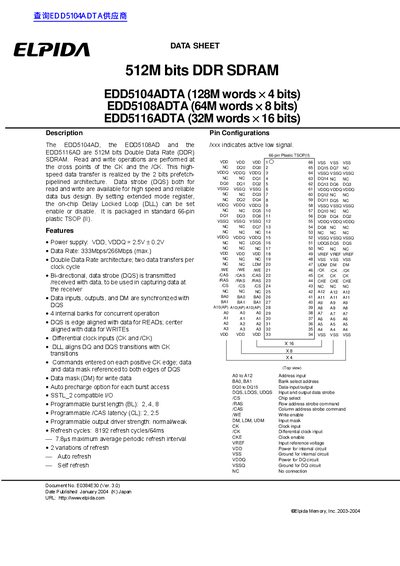 ELPIDA EDD5104ADTA EDD5108ADTA EDD5116ADTA DATA SHEET - cover page