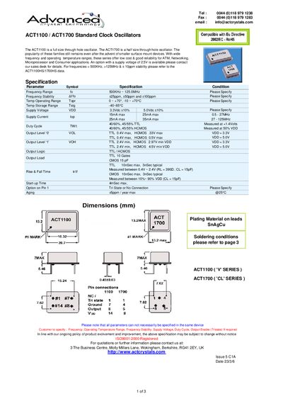 Advanced Crystal Technology ACT1100/ACT1700 Standard Clock Oscillators Datasheet - cover page