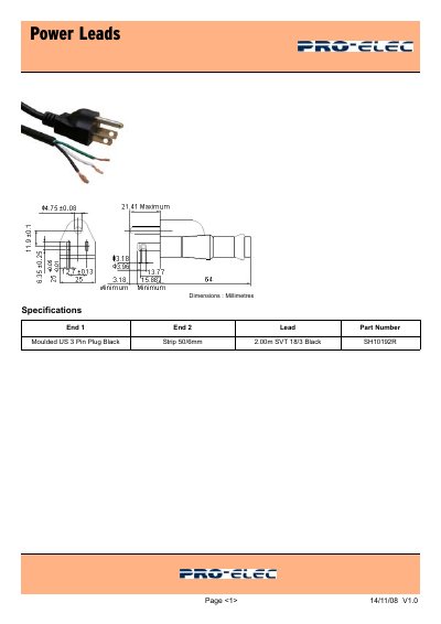 PRO ELEC Moulded US 3 Pin Plug Black Strip 50/6mm 2.00m SVT 18/3 Black SH10192R - cover page