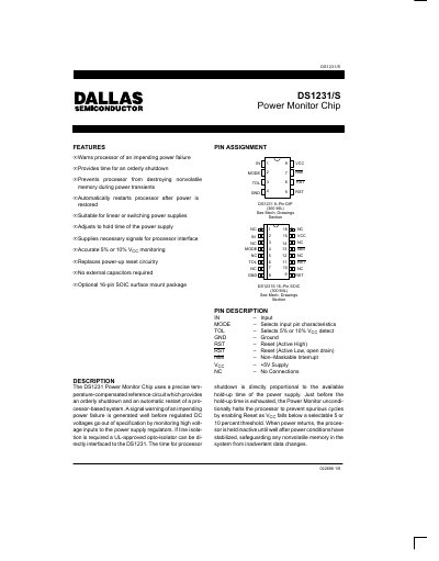 Dallas DS1231/S Power Monitor Chip Datasheet - cover page