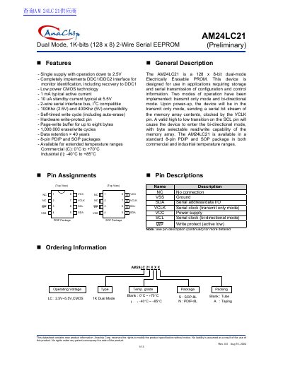 Anachip AM24LC21 Dual Mode 1K-bits (128 x 8) 2-Wire Serial EEPROM (Preliminary) handbook - cover page