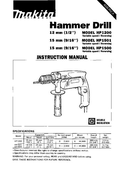 Makita Hammer Drill HP12OO INSTRUCTION MANUAL - cover page
