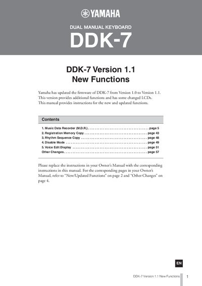 Yamaha DDK-7 Dual Manual Keyboard Firmware Update Instructions Version 1.1 - cover page