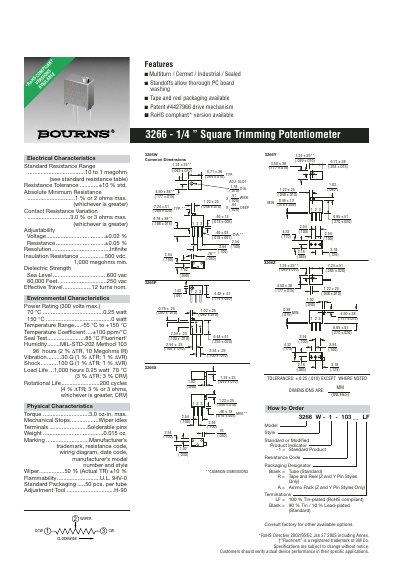 3M 3266 1/4" Square Trimming Potentiometer Datasheet - cover page