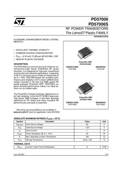 STMicroelectronics PD57006S RF Power Transistor Datasheet - cover page