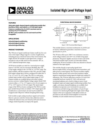Analog Devices 7B21 Signal Conditioning Module Datasheet - cover page