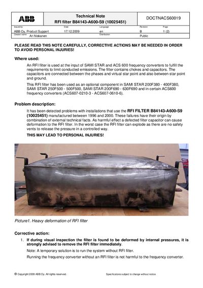 ABB Technical Note RFI filter B84143-A600-S9 (10025451) Manual - cover page