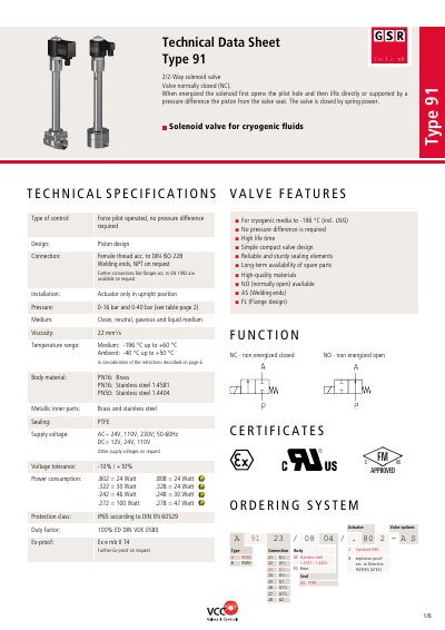 GSR Type 91 2/2-Way Solenoid Valve Technical Data Sheet - cover page