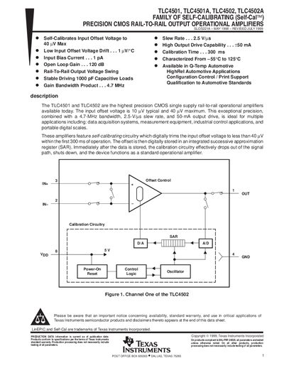 TEXAS INSTRUMENTS TLC4501 TLC4501A TLC4502 TLC4502A FAMILY OF SELF-CALIBRATING (Self-Cal ) PRECISION CMOS RAIL-TO-RAIL OUTPUT OPERATIONAL AMPLIFIERS datasheet - cover page