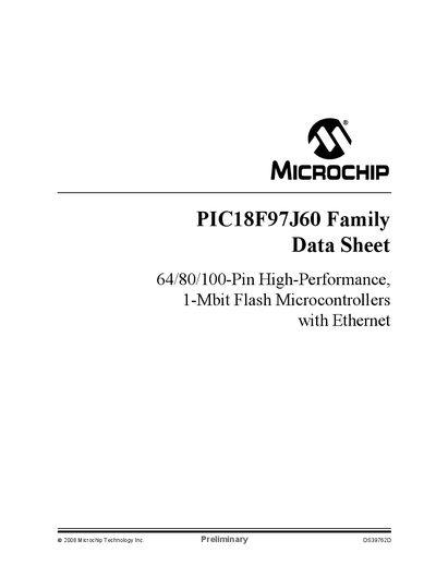 Microchip PIC18F97J60 Family Data Sheet - cover page