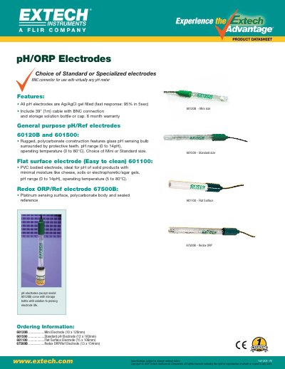 Extech 601100/601500/60120B pH Electrode Specifications - cover page