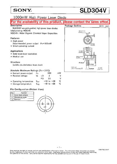 Sony SLD304V Laser Diode Datasheet - cover page