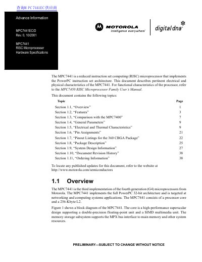 MOTOROLA MPC7441EC/D Rev. 0 10/2001 MPC7441 RISC Microprocessor Hardware Specifications handbook - cover page