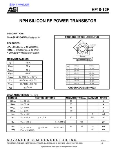 ASI HF10-12F NPN Silicon RF Power Transistor Datasheet - cover page