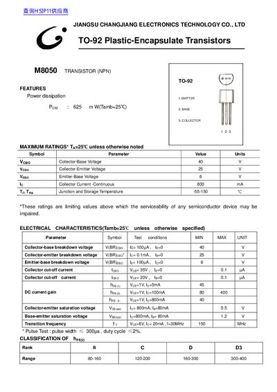 JIANGSU CHANGJIANG ELECTRONICS TECHNOLOGY CO. LTD TO-92 Plastic-Encapsulate Transistors - cover page