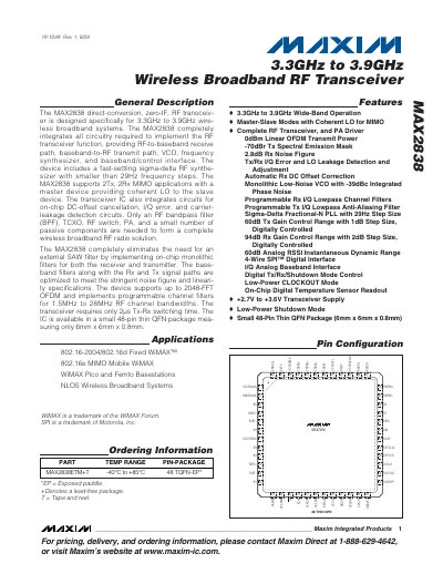 Maxim MAX2838 RF Transceiver Datasheet - cover page