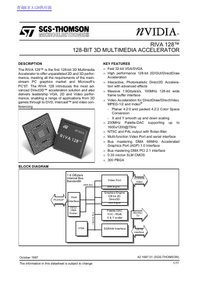 SGS-THOMSON RIVA 128 128-BIT 3D MULTIMEDIA ACCELERATOR handbook - cover page