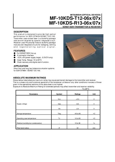Mitsubishi MF-10KDS-T12-06x/07x & MF-10KDS-R13-06x/07x SONET/SDH Transmitter & Receiver Datasheet - cover page