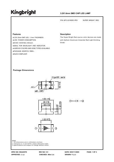 KINGBRIGHT -P/N: KPC-3216SRC-PRV SUPER BRIGHT RED 3.2X1.6mm SMD CHIP LED LAMPManual - cover page