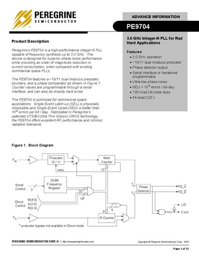Peregrine PE9704 3.0 GHz Integer-N PLL Datasheet - cover page
