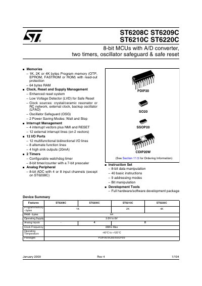 STMicroelectronics ST6208C/ST6209C/ST6210C/ST6220C 8-bit MCU Datasheet