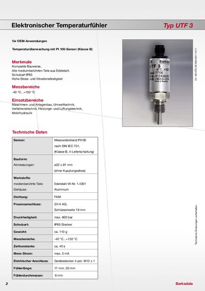 Barksdale UTF3 Temperature Sensor Datasheet - cover page