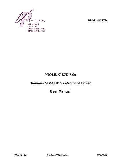 PROLINK S7D 7.0x Siemens SIMATIC S7-Protocol Driver User Manual - cover page