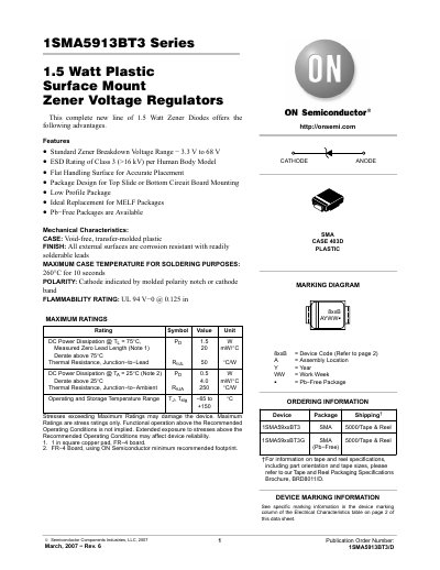 ON Semiconductor 1SMA5913BT3 Series Zener Voltage Regulator Datasheet - cover page