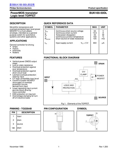 Philips BUK100-50DL PowerMOS Transistor Datasheet - cover page