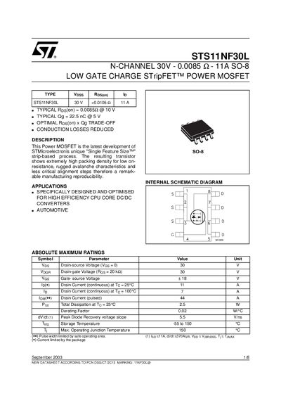 STMicroelectronics STS11NF30L N-Channel Power MOSFET Datasheet - cover page