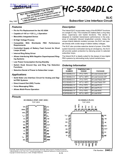 Intersil HC-5504DLC SLIC Datasheet - cover page