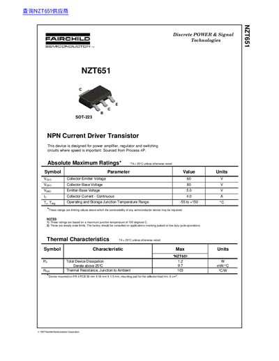 Fairchild NZT651 NPN Current Driver Transistor Datasheet - cover page