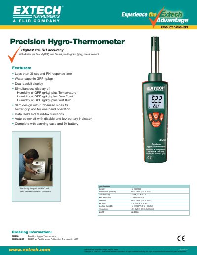 Extech RH490 Precision Hygro-Thermometer Specifications Sheet - cover page