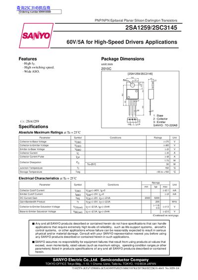 SANYO 2SA1259/2SC3145 Darlington Transistor Datasheet - cover page