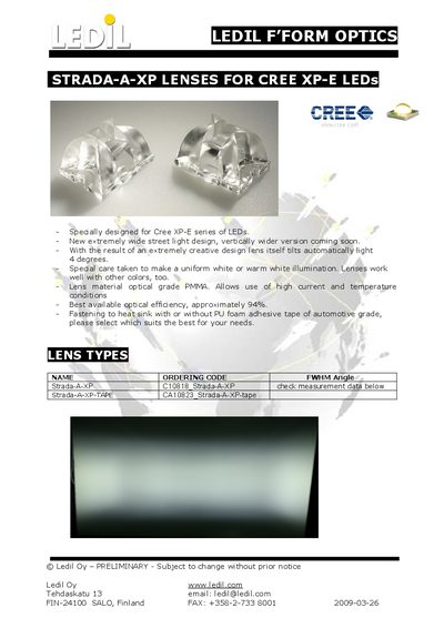 LEDIL Strada-A-XP Lens Datasheet - cover page