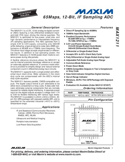 Maxim MAX1211 65Msps 12-Bit IF Sampling ADC Datasheet - cover page