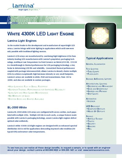 Lamina BL-2000 White LED Light Engine Manual - cover page