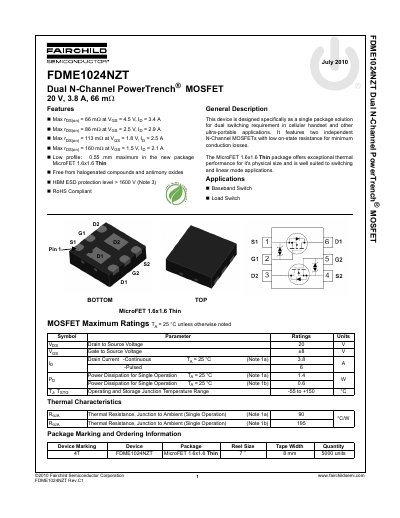 Fairchild Semiconductor FDME1024NZT Dual N-Channel MOSFET Datasheet - cover page