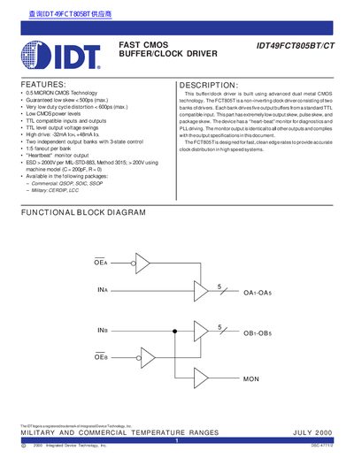 IDT IDT49FCT805BT/CT Fast CMOS Buffer/Clock Driver Datasheet - cover page