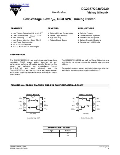 Vishay Siliconix DG2037/2038/2039 Dual SPST Analog Switch Datasheet - cover page