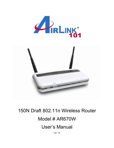 AIRLINK 150N Draft 802.11n Wireless Router Model AR670W User Manual - cover page