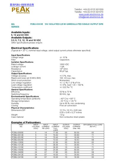 PEAK Electronics MA P2BU-XXXXE Series 1KV Isolated Unregulated Single Output DIP8 Datasheet - cover page