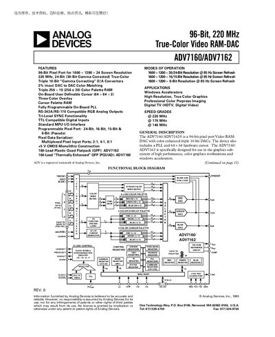 Analog Devices ADV7160/ADV7162 Video RAM‑DAC Datasheet - cover page