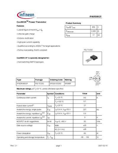 INFINEON IPI60R385CP Manual - cover page
