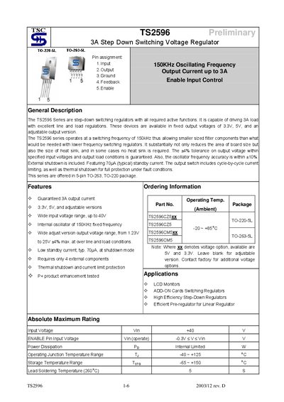 TSC TS2596 3A Step-Down Switching Voltage Regulator Datasheet - cover page